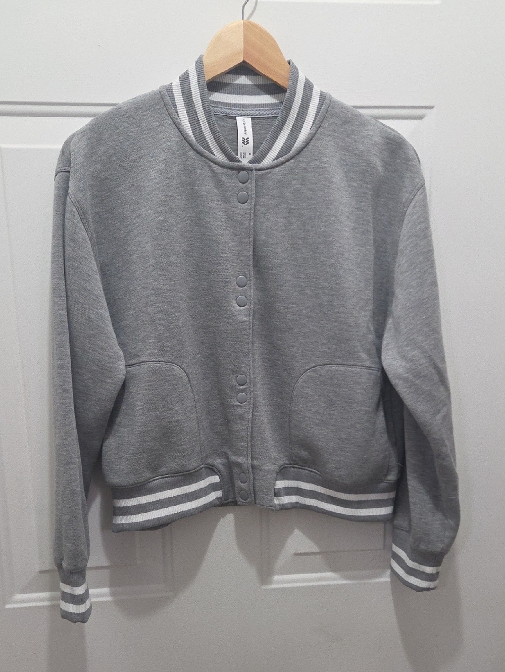NWOT all in motion Gray Varsity Bomber Jacket with White Stripe Trim M